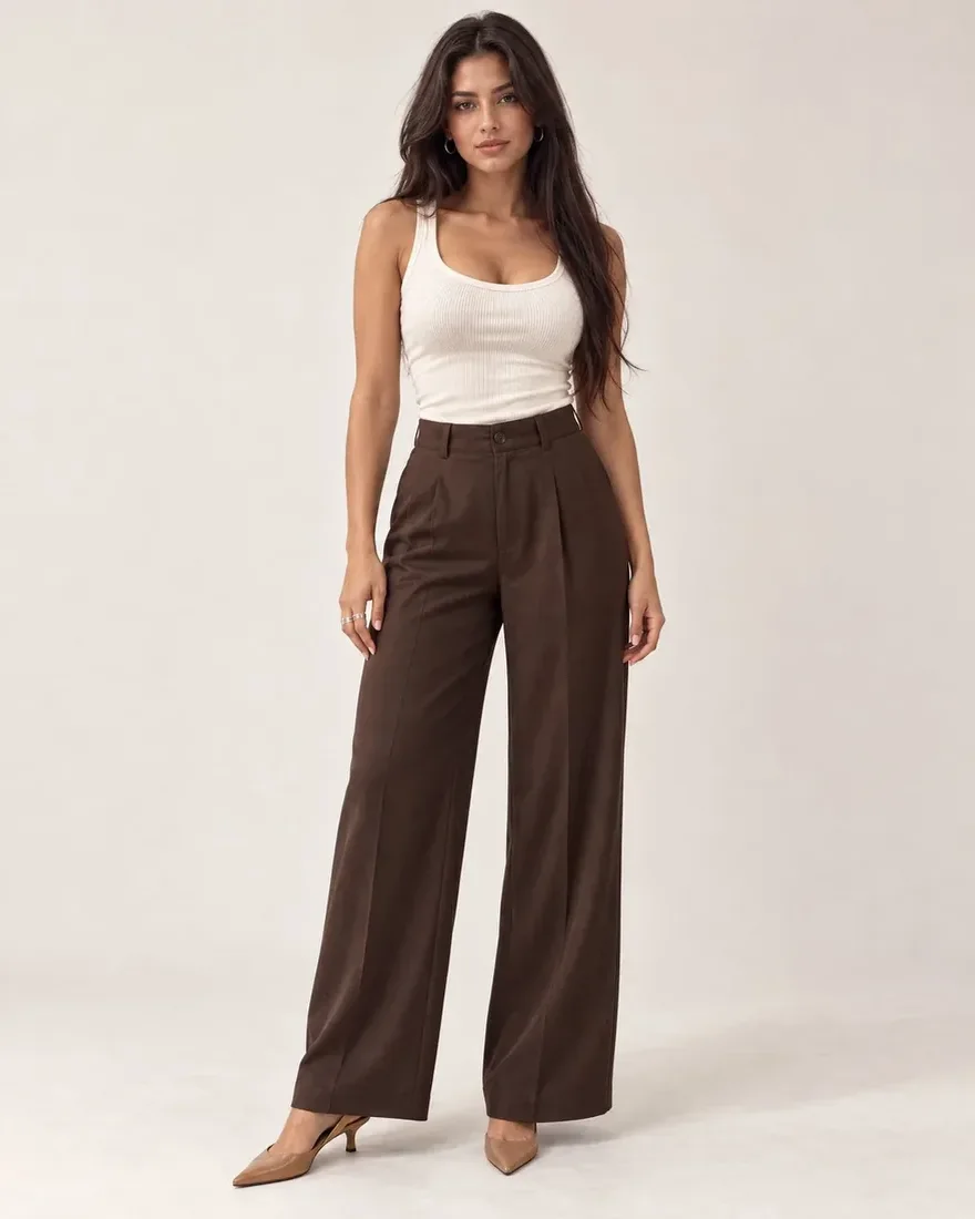 ivory rib knit and espresso wide-leg trousers