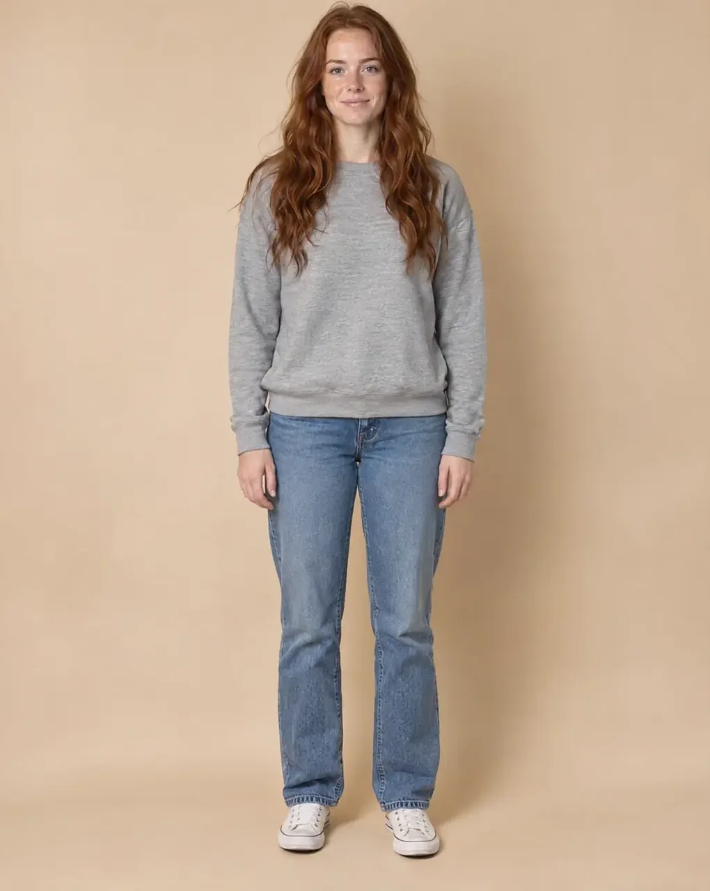 Wearing: trousers hemmed to a clean break