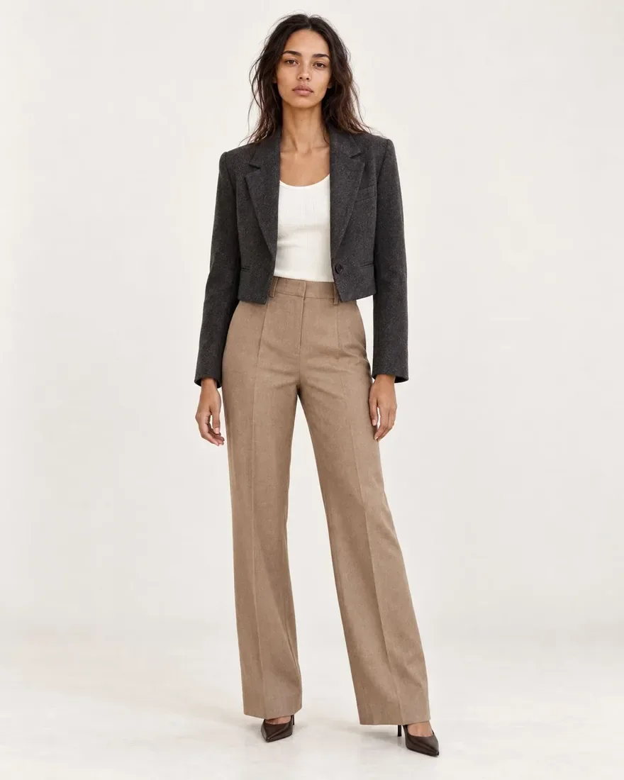 the same blazer and trousers, styled