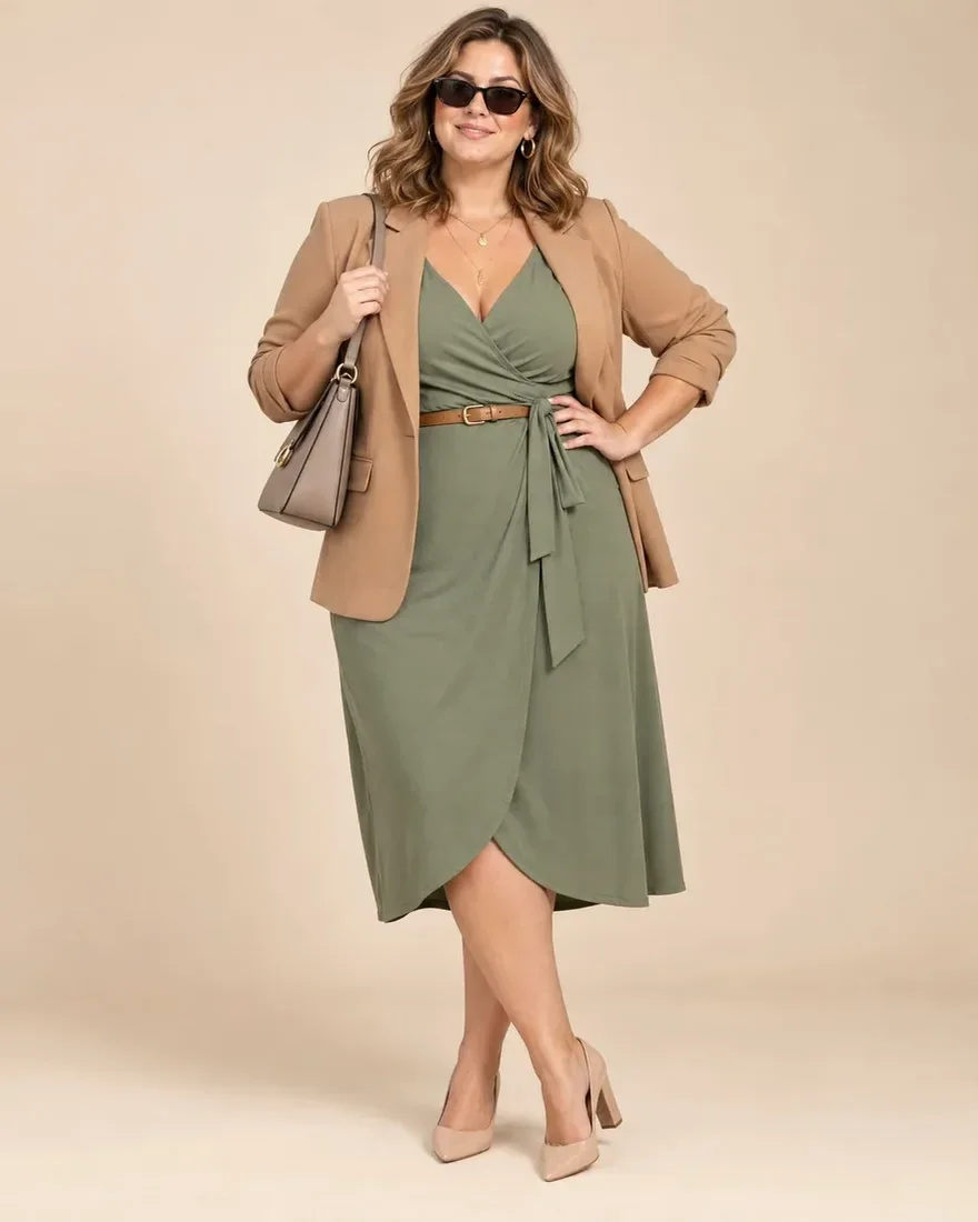 the same top and trousers with a belt and a camel coat