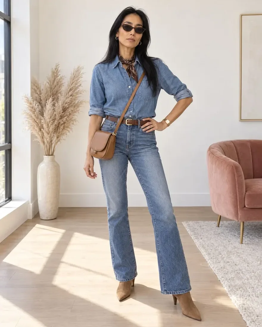 chambray shirt tucked and belted, silk neck scarf, suede ankle boots