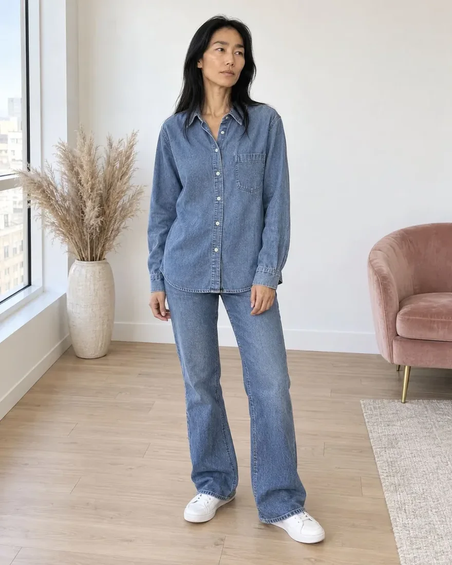 chambray shirt untucked over jeans and white sneakers